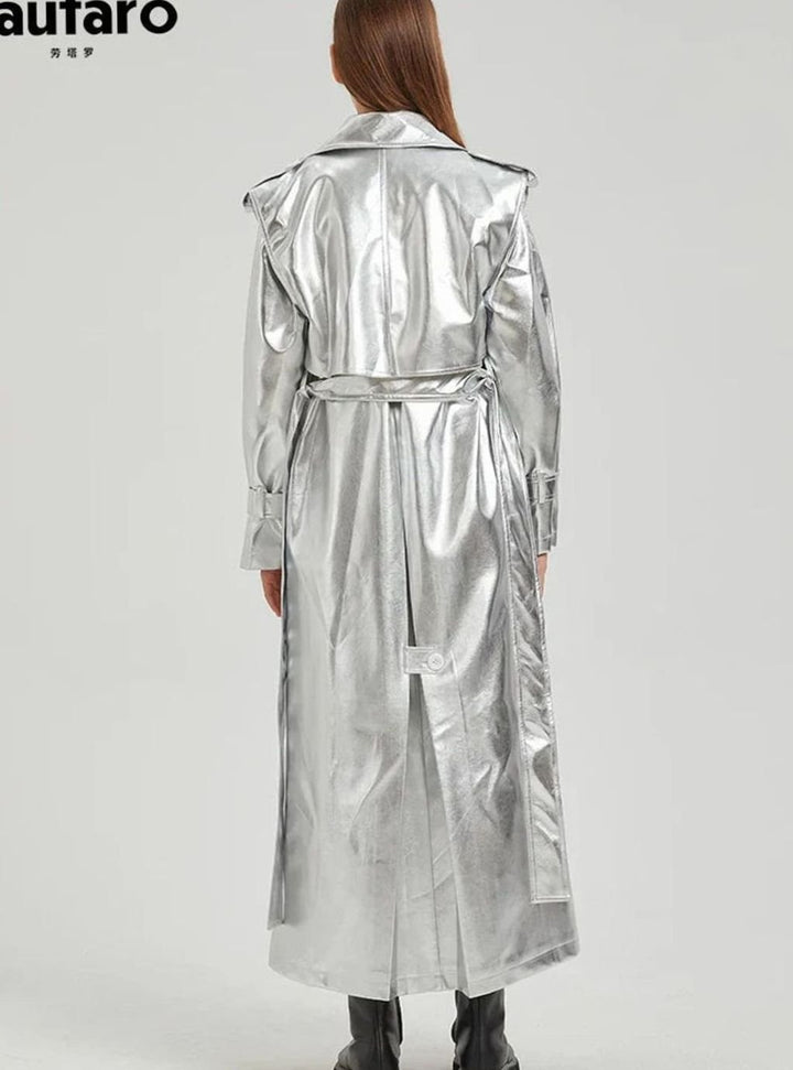 Women's Metallic Faux Leather Belted Maxi Trench Coat