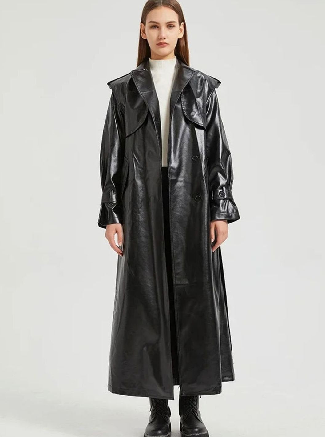 Women's Metallic Faux Leather Belted Maxi Trench Coat