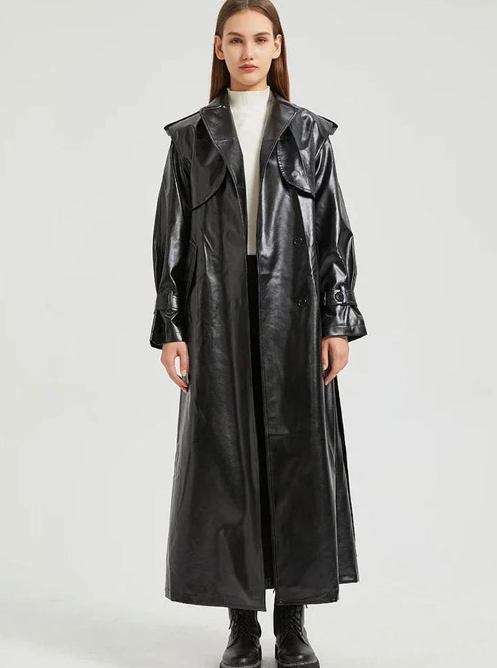 Women's Metallic Faux Leather Belted Maxi Trench Coat