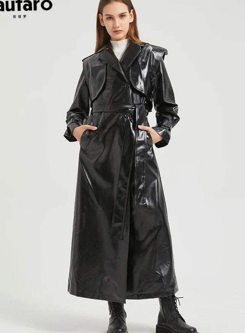 Women's Metallic Faux Leather Belted Maxi Trench Coat