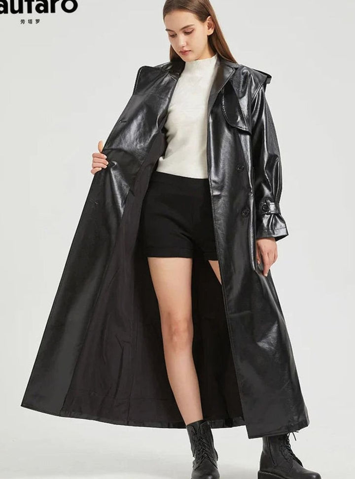 Women's Metallic Faux Leather Belted Maxi Trench Coat