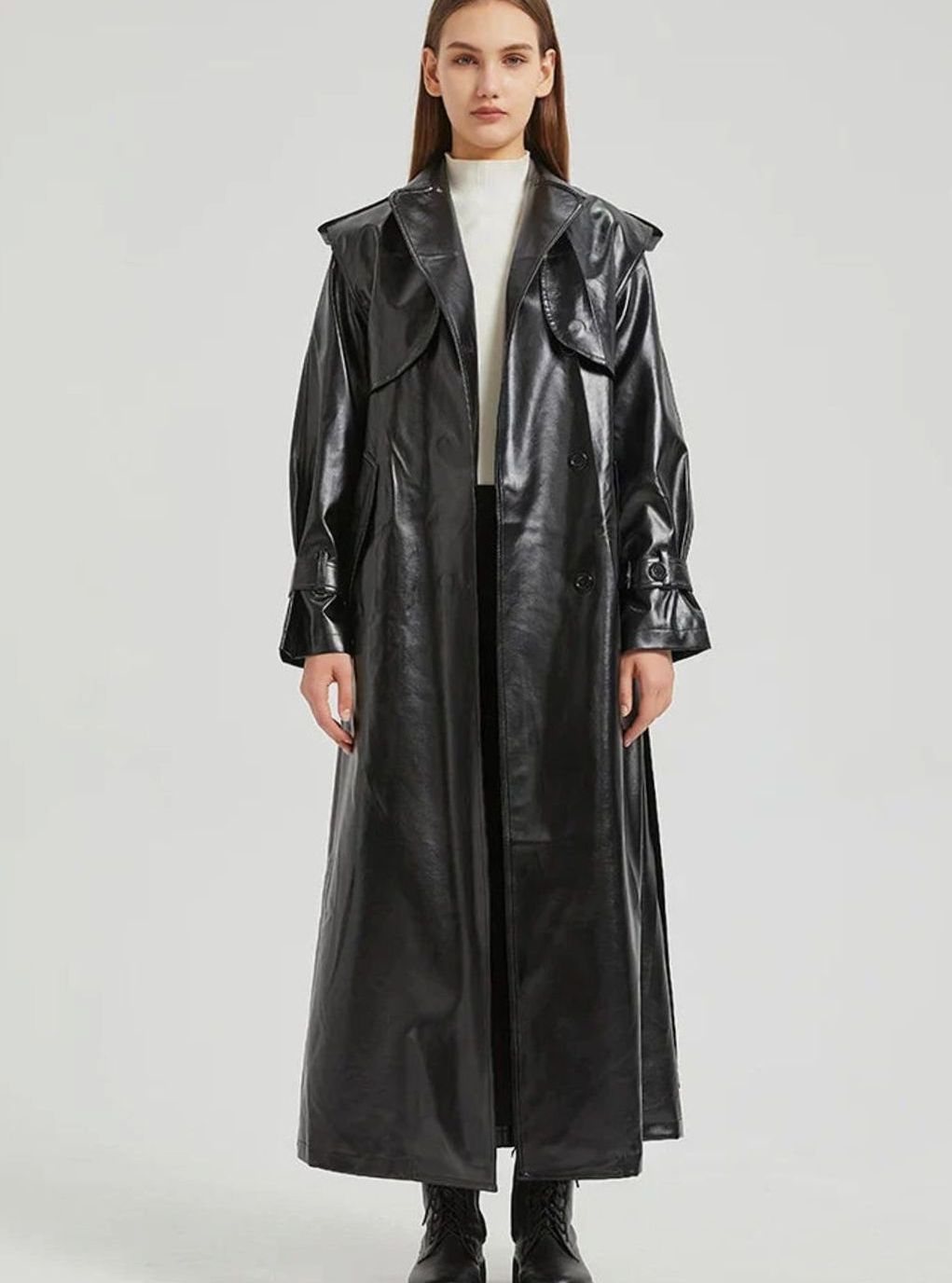 Women's Metallic Faux Leather Belted Maxi Trench Coat - Black