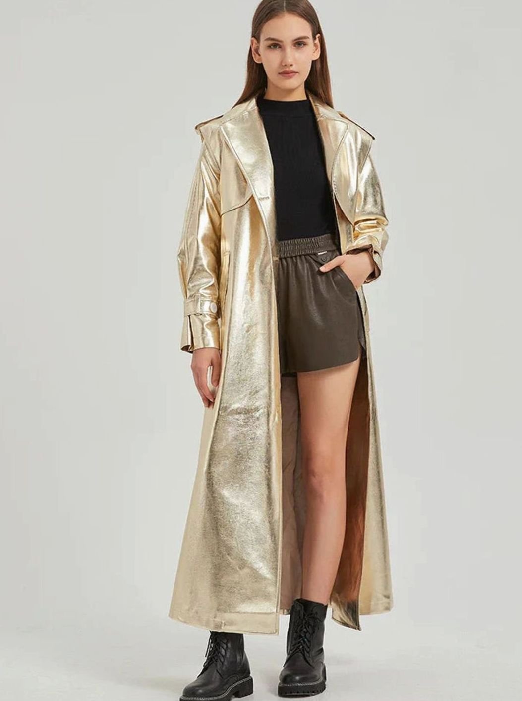 Women's Metallic Faux Leather Belted Maxi Trench Coat - Gold