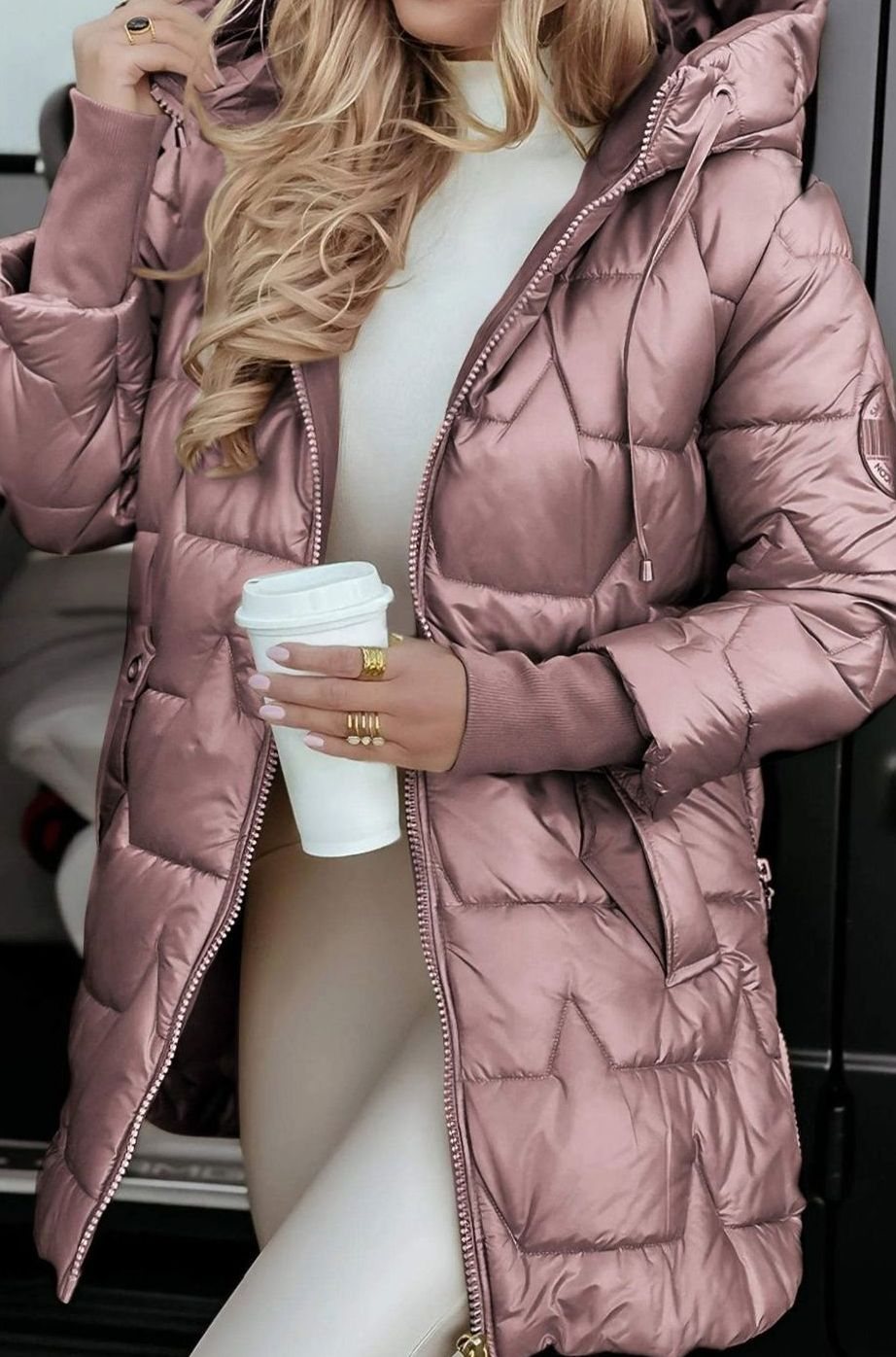 Women's Metallic Hooded Quilted Puffer Jacket - Pink
