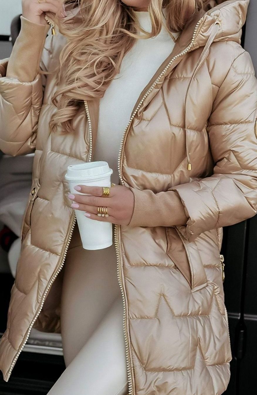 Women's Metallic Hooded Quilted Puffer Jacket - Beige