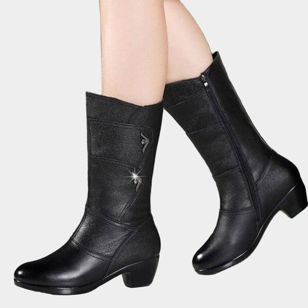Women's Mid-Calf Block Heel Side-Zip Leather Boots