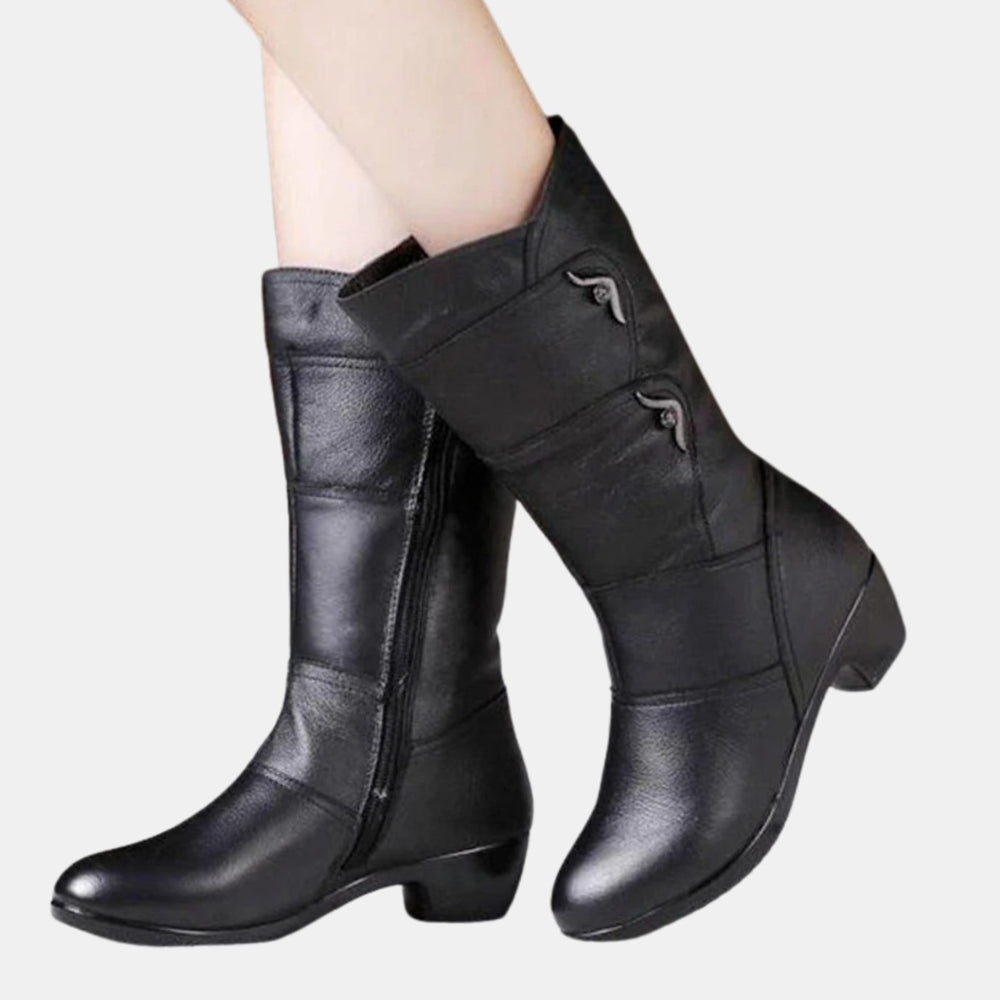 Women's Mid-Calf Block Heel Side-Zip Leather Boots