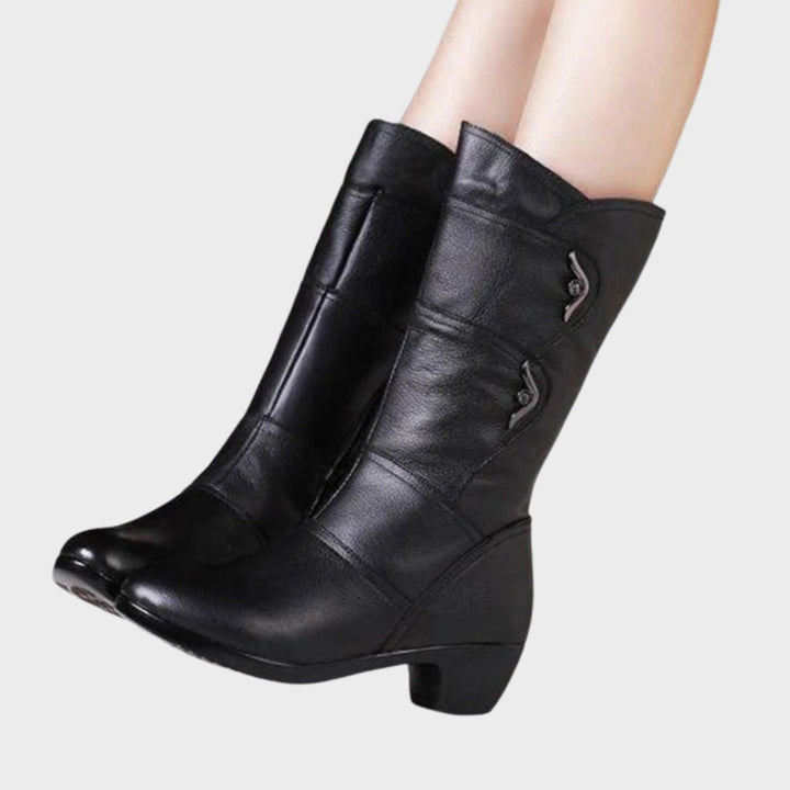 Women's Mid-Calf Block Heel Side-Zip Leather Boots