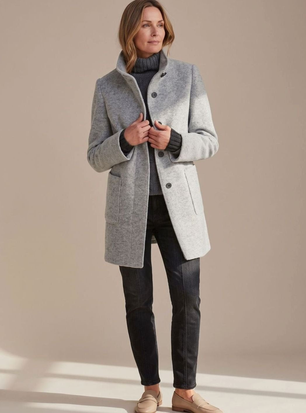 Women's Mid-Length Stand-Collar Button-Front Wool Blend Winter Coat - Grey