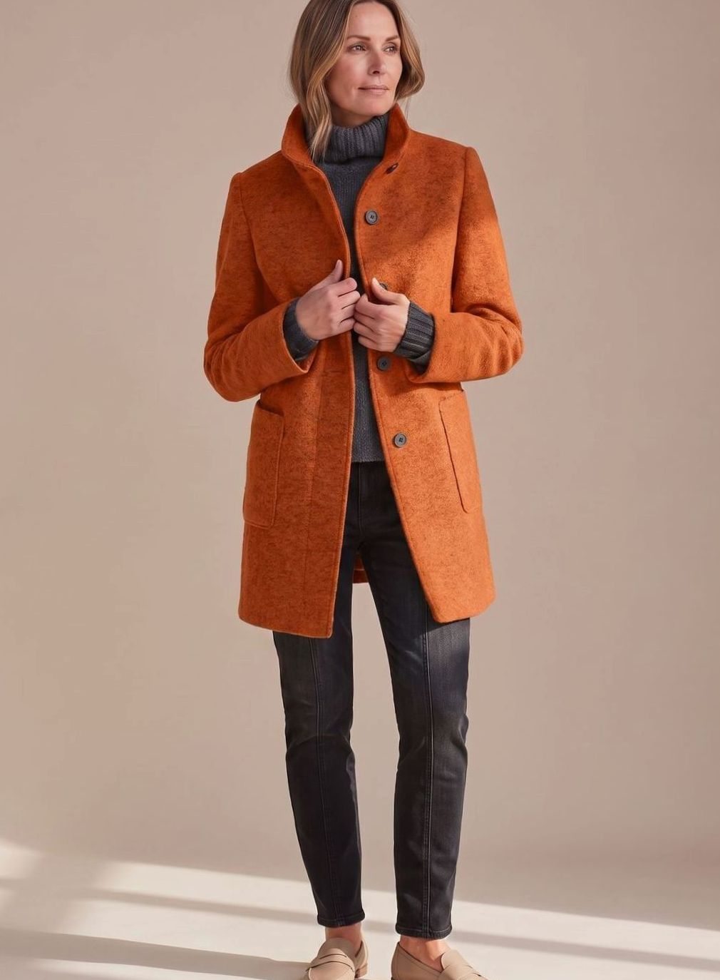 Women's Mid-Length Stand-Collar Button-Front Wool Blend Winter Coat - Orange