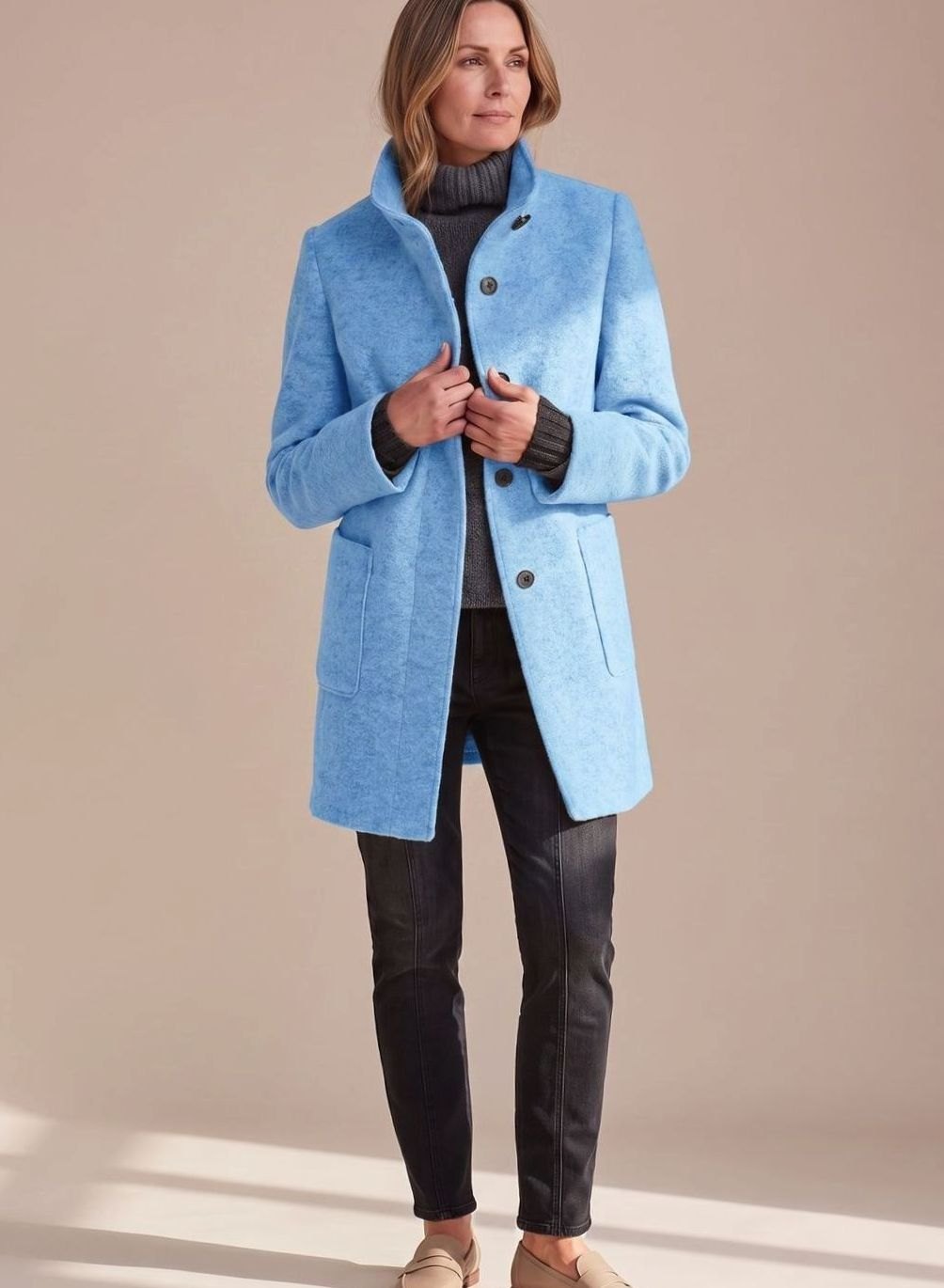 Women's Mid-Length Stand-Collar Button-Front Wool Blend Winter Coat - Light Blue