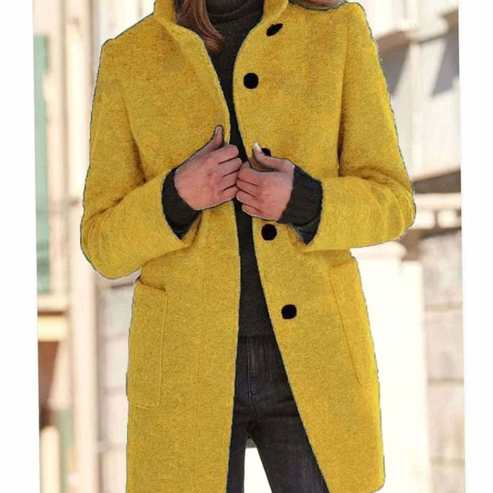 Women's Mid-Length Stand-Collar Button-Front Wool Blend Winter Coat - Yellow