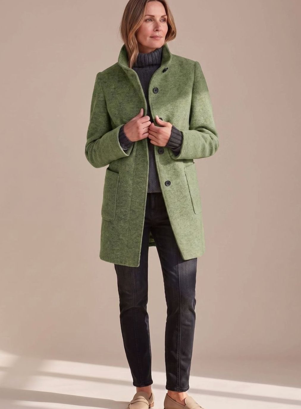 Women's Mid-Length Stand-Collar Button-Front Wool Blend Winter Coat - Light Green