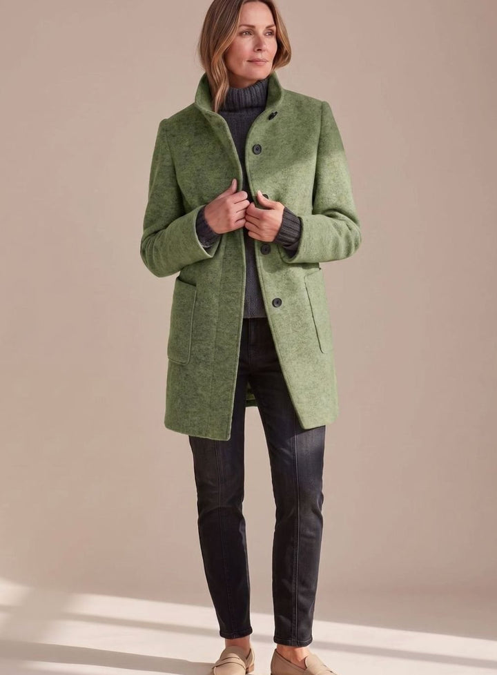 Women's Mid-Length Stand-Collar Button-Front Wool Blend Winter Coat - Light Green