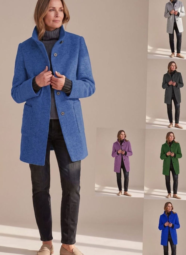 Women's Mid-Length Stand-Collar Button-Front Wool Blend Winter Coat