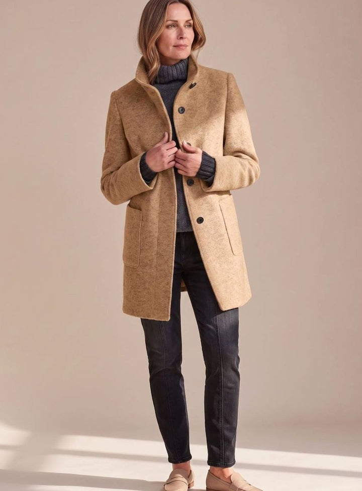 Women's Mid-Length Stand-Collar Button-Front Wool Blend Winter Coat - Camel