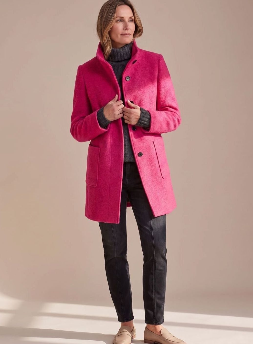 Women's Mid-Length Stand-Collar Button-Front Wool Blend Winter Coat - Red