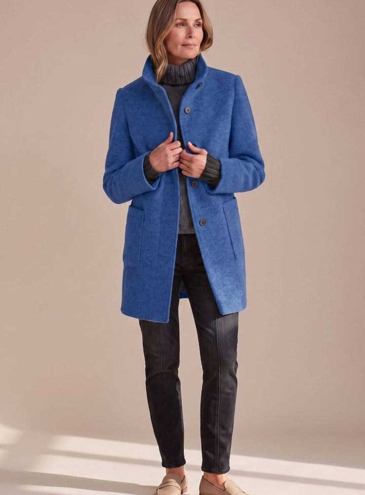 Women's Mid-Length Stand-Collar Button-Front Wool Blend Winter Coat - Blue