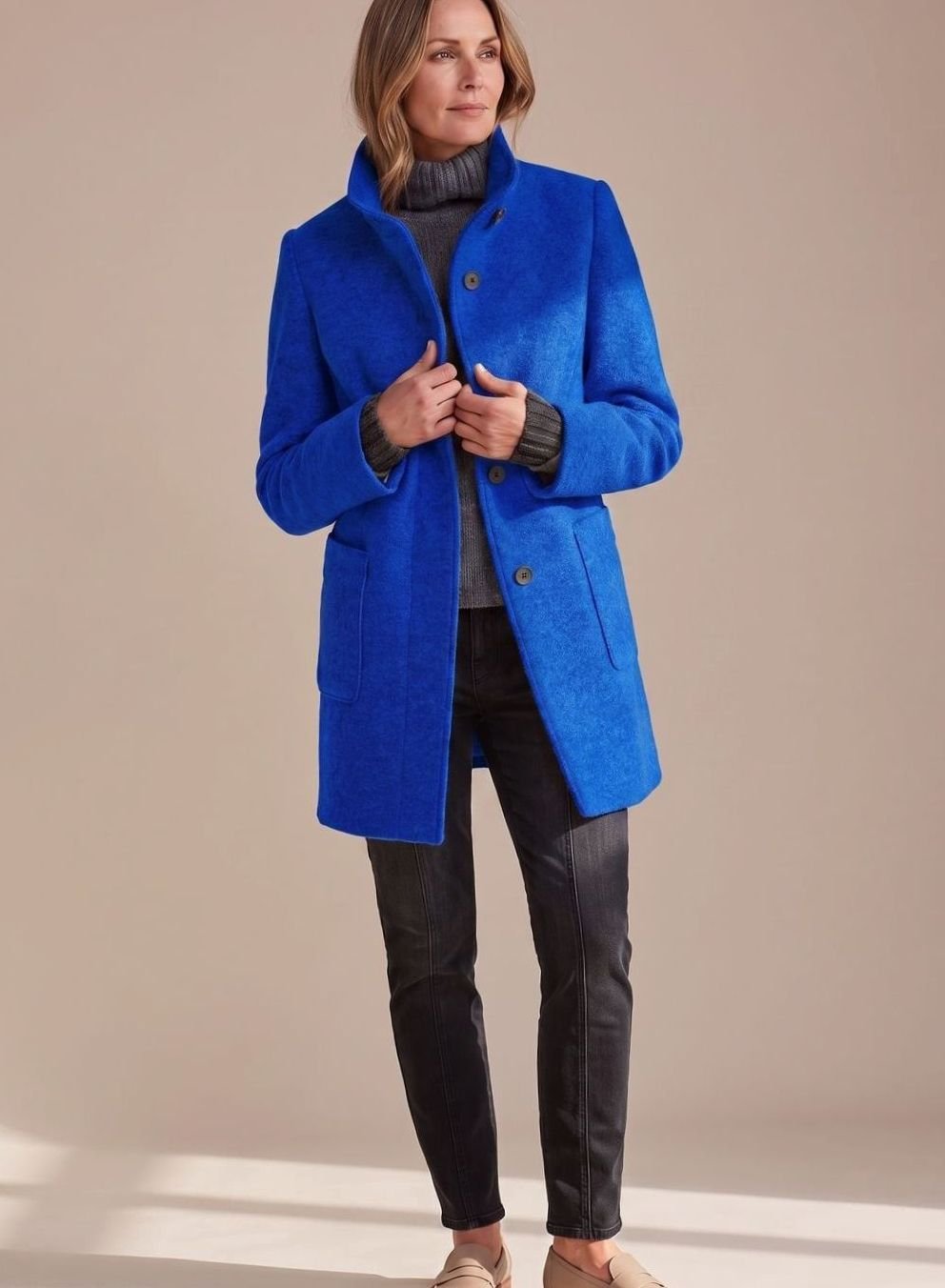 Women's Mid-Length Stand-Collar Button-Front Wool Blend Winter Coat - Dark Blue