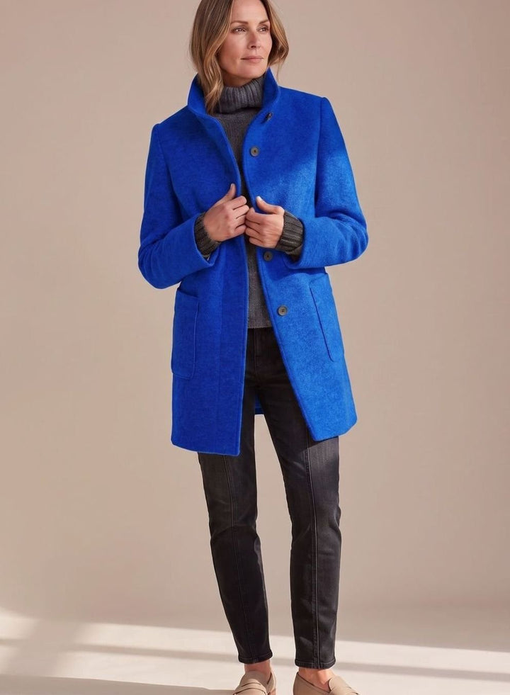 Women's Mid-Length Stand-Collar Button-Front Wool Blend Winter Coat - Dark Blue