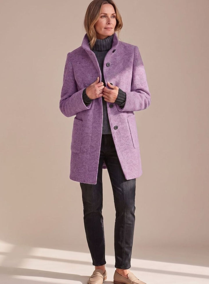 Women's Mid-Length Stand-Collar Button-Front Wool Blend Winter Coat - Purple
