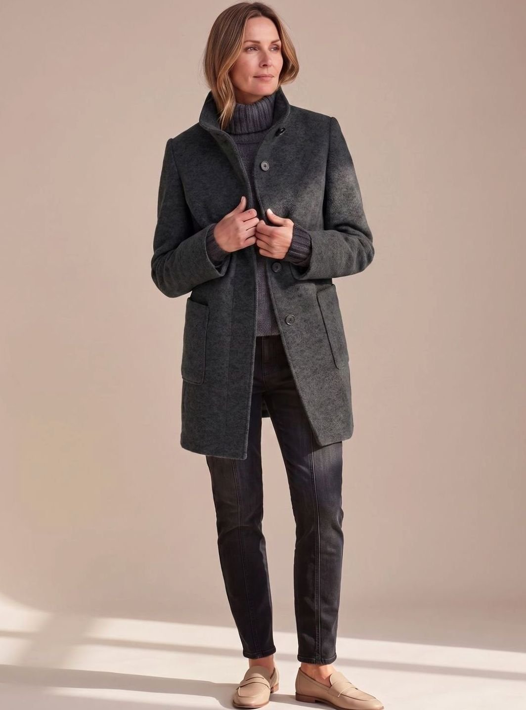 Women's Mid-Length Stand-Collar Button-Front Wool Blend Winter Coat - Black