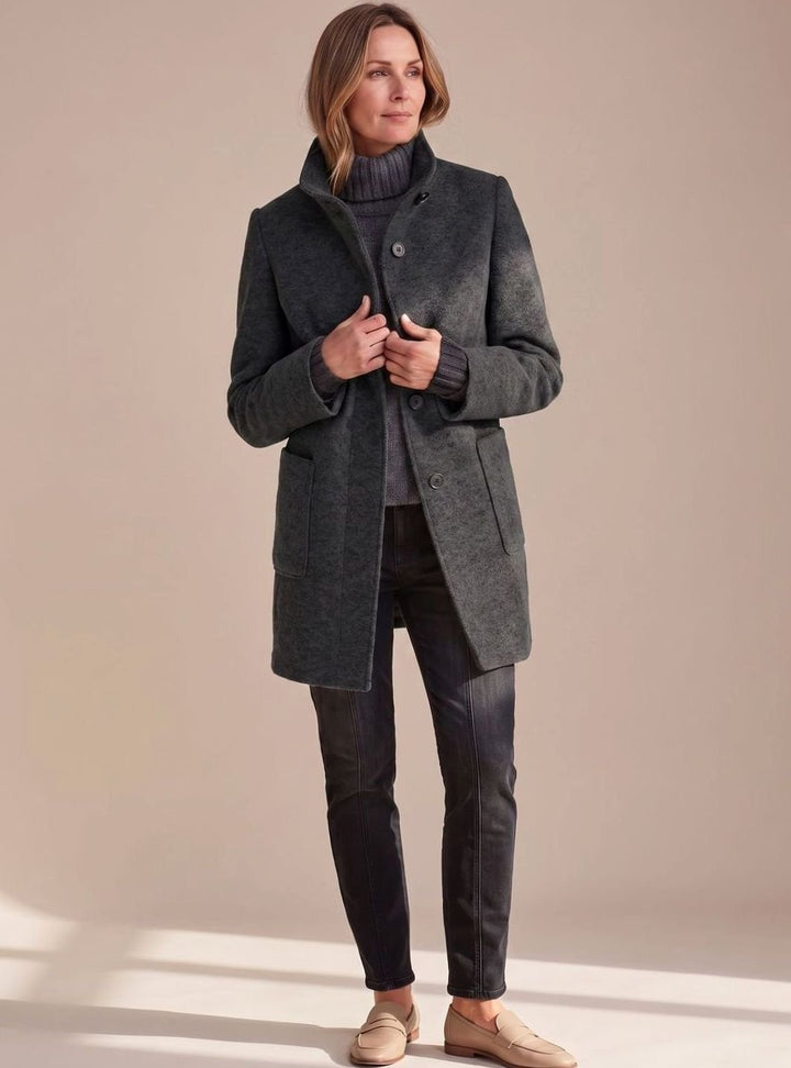Women's Mid-Length Stand-Collar Button-Front Wool Blend Winter Coat - Black