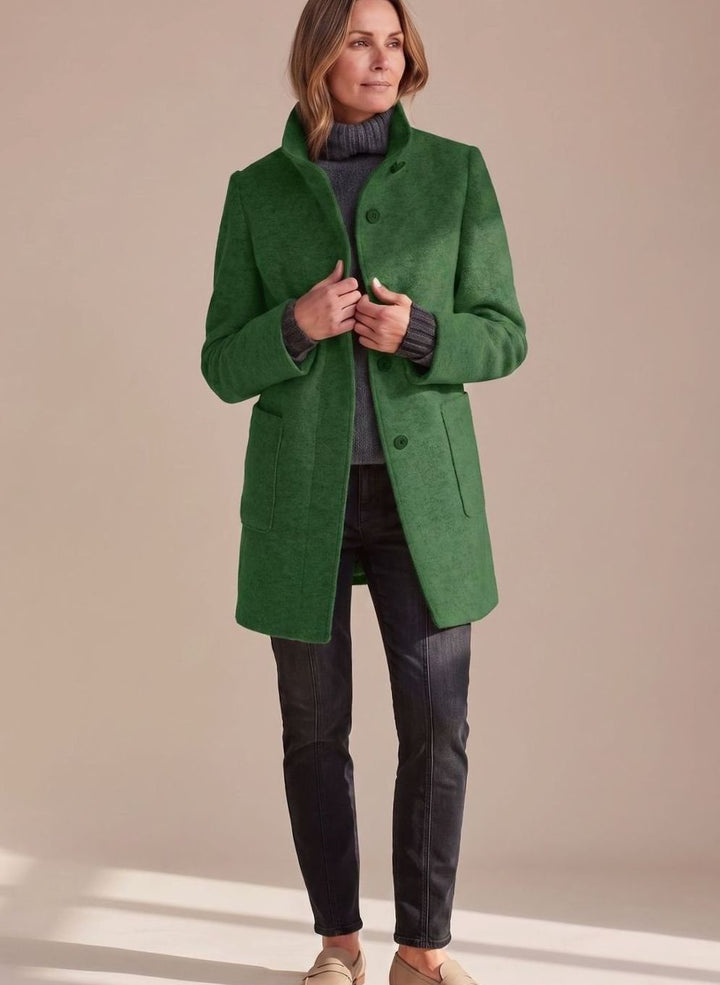 Women's Mid-Length Stand-Collar Button-Front Wool Blend Winter Coat - Green