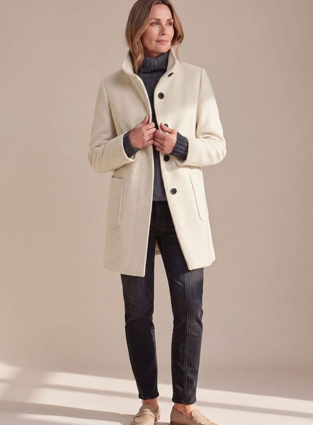 Women's Mid-Length Stand-Collar Button-Front Wool Blend Winter Coat - Apricot