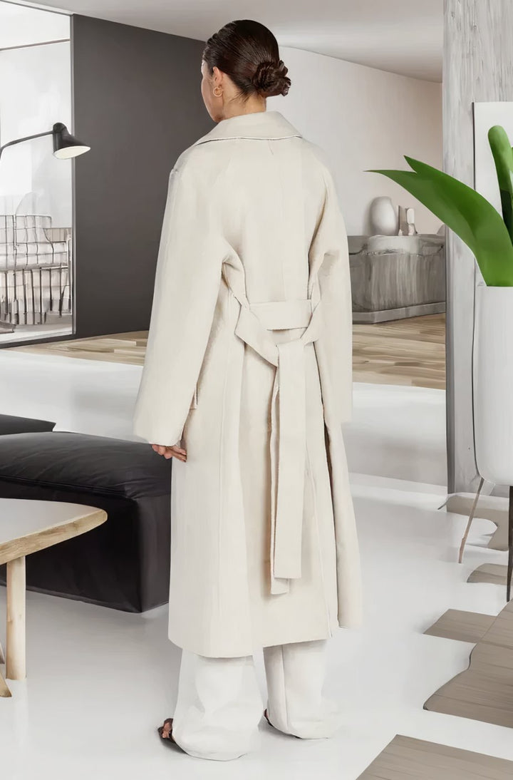 Women's Midi Belted Lapel Trench Coat, Cream