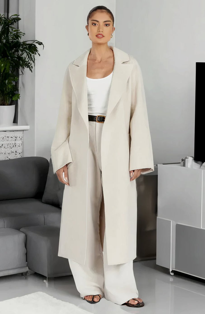 Women's Midi Belted Lapel Trench Coat, Cream - Beige