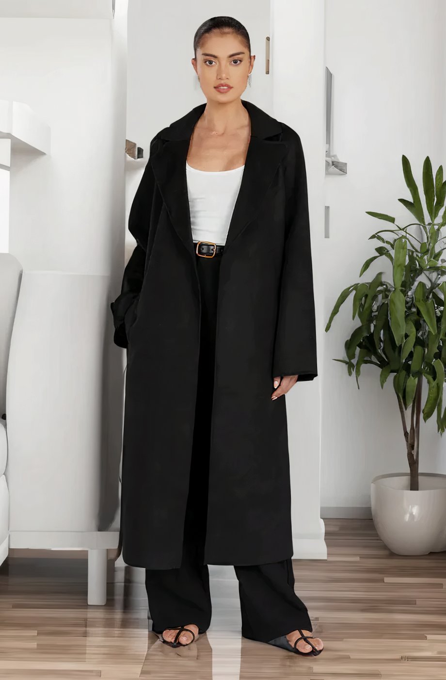 Women's Midi Belted Lapel Trench Coat, Cream - Black