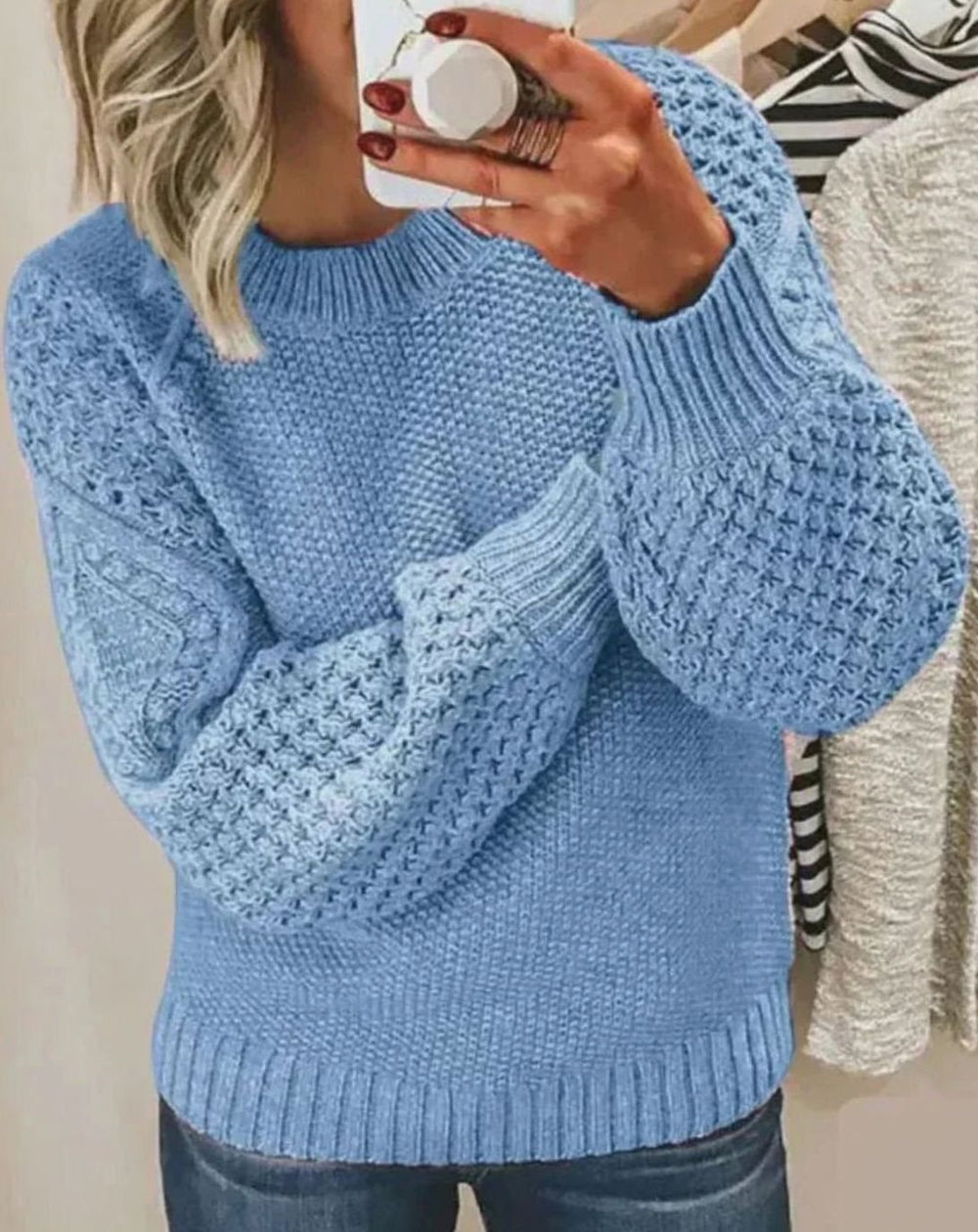 Women's Mixed-Stitch Crew-Neck Relaxed Knitted Jumper - Light Blue