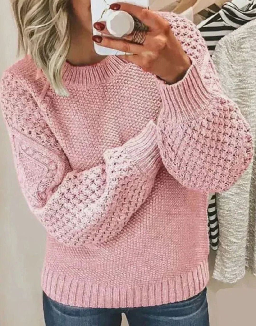 Women's Mixed-Stitch Crew-Neck Relaxed Knitted Jumper - Pink