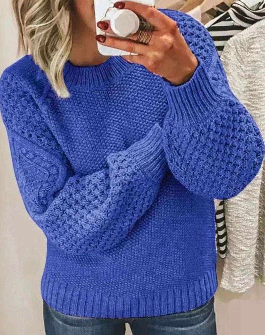Women's Mixed-Stitch Crew-Neck Relaxed Knitted Jumper - Blue