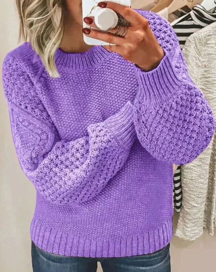 Women's Mixed-Stitch Crew Neck Relaxed Knitted Jumper - Purple