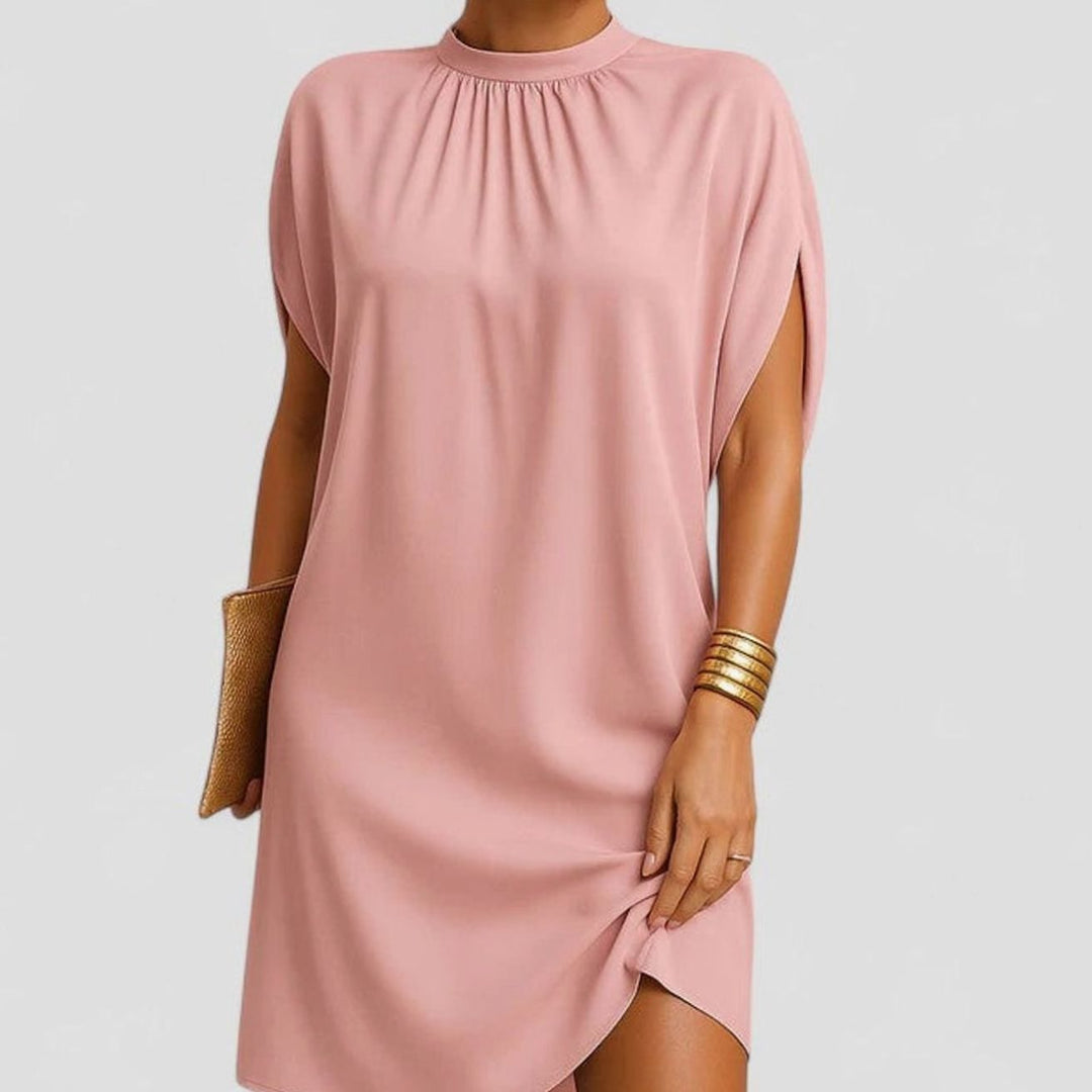 Women's Mock-Neck Ruched Split-Sleeve Mini Dress - Pink