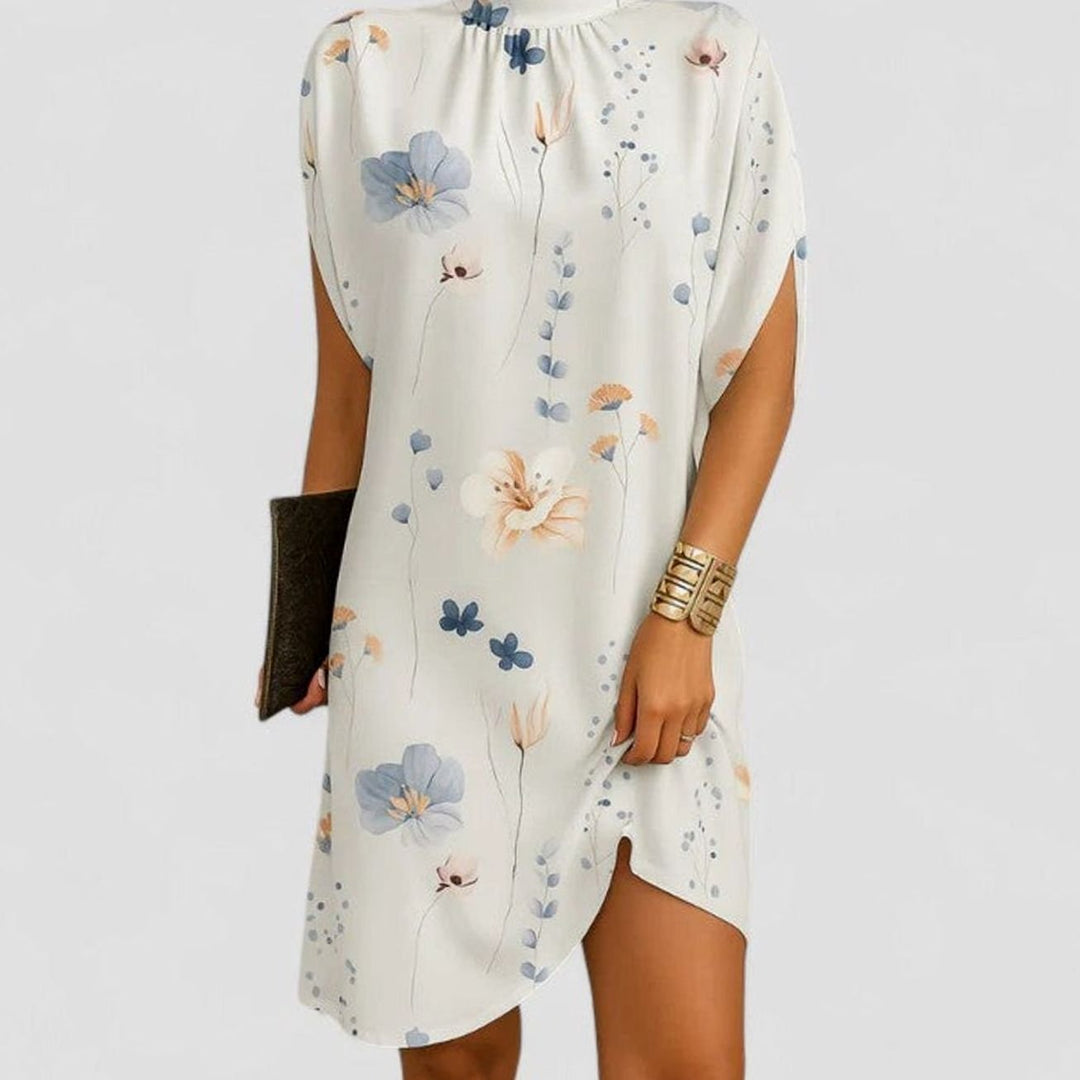 Women's Mock-Neck Ruched Split-Sleeve Mini Dress - White Floral