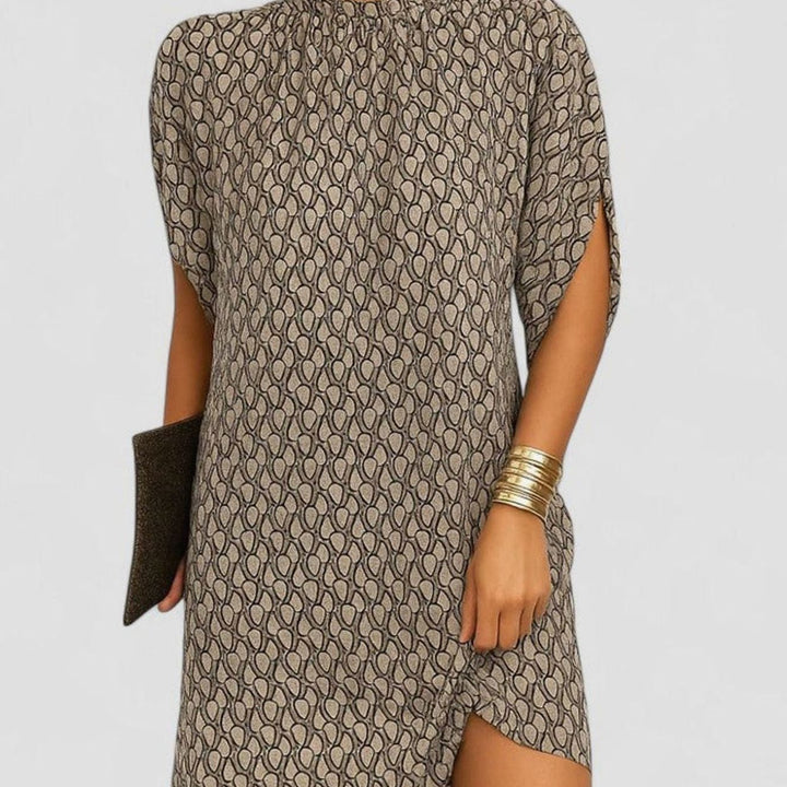 Women's Mock-Neck Ruched Split-Sleeve Mini Dress - Beige Pattern