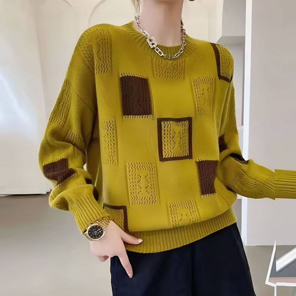 Women's Monochrome Patchwork Openwork Knitted Jumper - Yellow