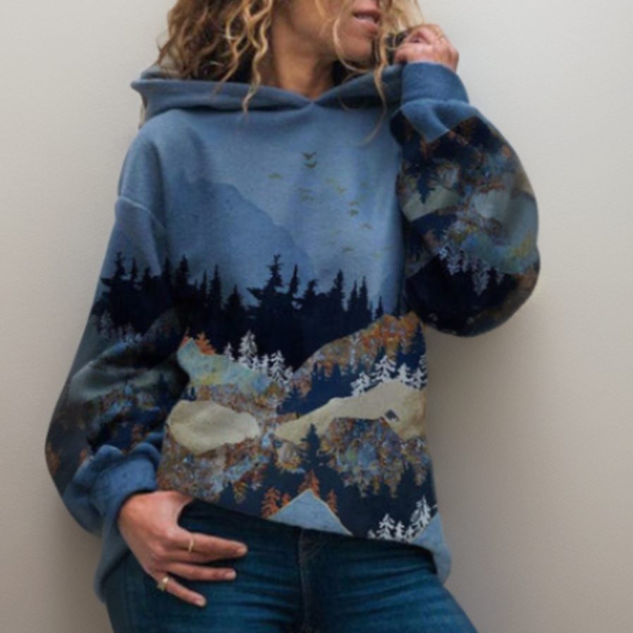 Women's Mountain Forest Print Pullover Hoodie Sweatshirt - 6