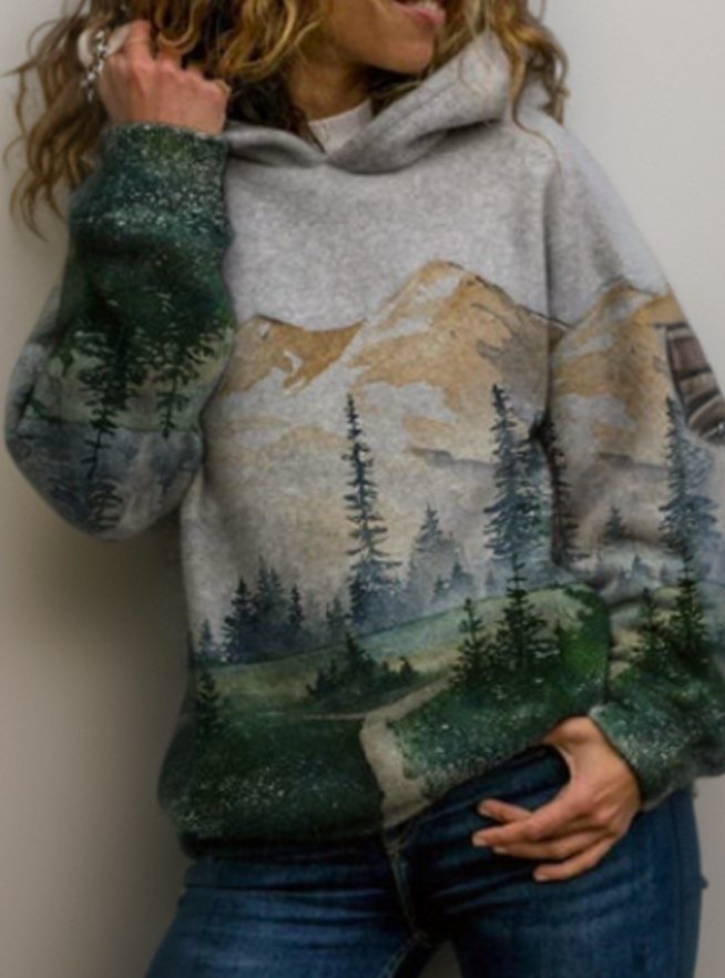 Women's Mountain Forest Print Pullover Hoodie Sweatshirt - 7