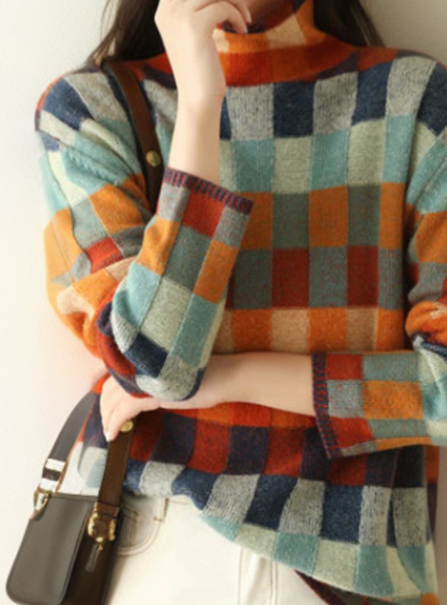 Women's Multicolour Checked Turtleneck Knitted Jumper Luxuriöser