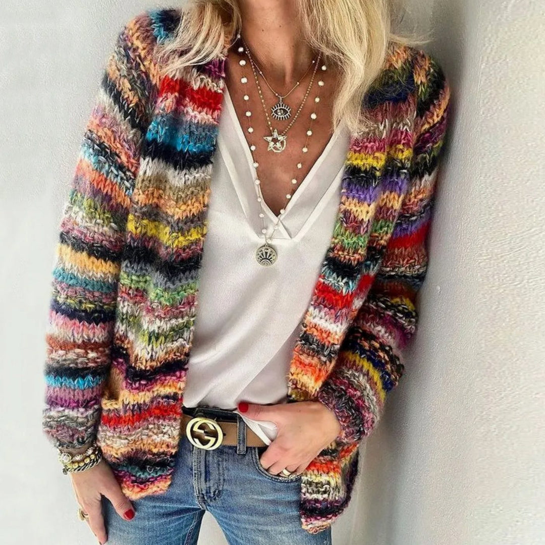 Women's Multicolour Striped Open-Front Knitted Cardigan