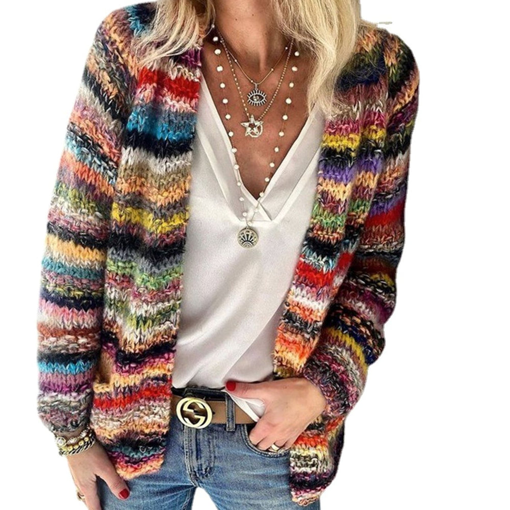 Women's Multicolour Striped Open-Front Knitted Cardigan Retro