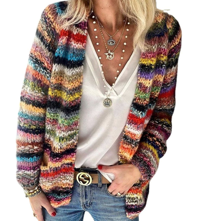 Women's Multicolour Striped Open-Front Knitted Cardigan Retro