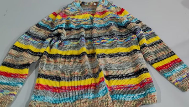 Women's Multicolour Striped Open-Front Knitted Cardigan Retro