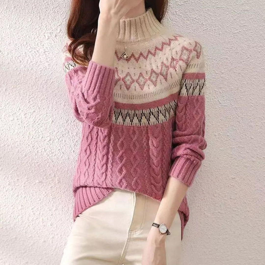 Women's Nordic Fair Isle Cable-Knit Turtleneck Jumper - Pink