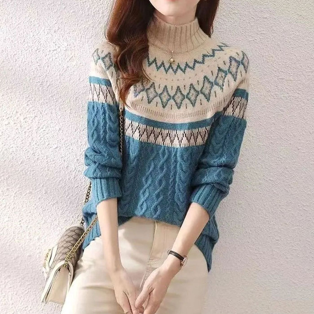 Women's Nordic Fair Isle Cable-Knit Turtleneck Jumper, Blue - White/Blue