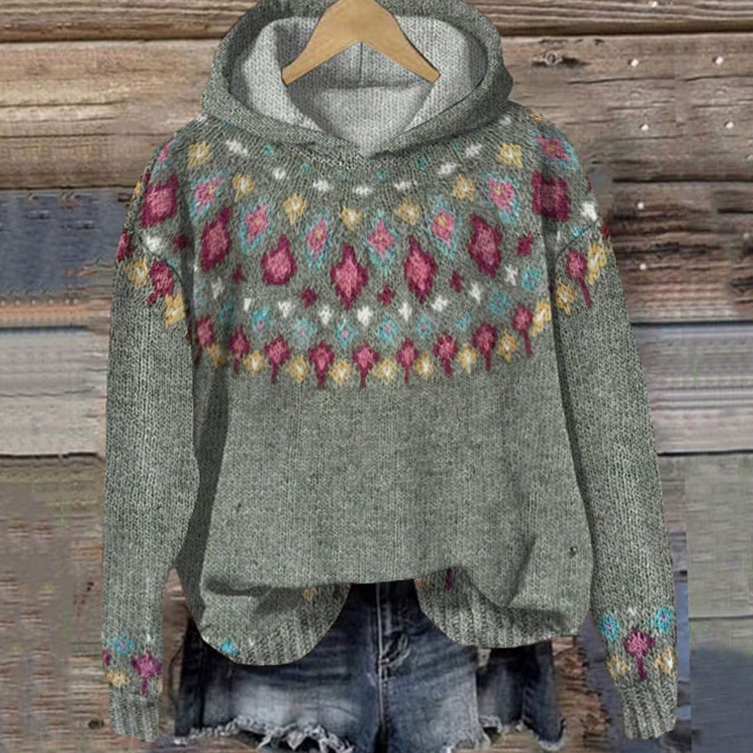 Women's Nordic Fair Isle Knitted Jumper Hooded Pullover - Grey
